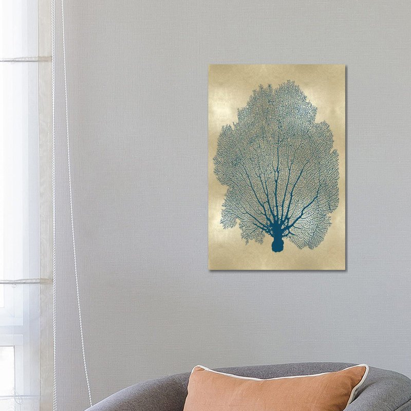 Sea Fan Teal on Gold II 1 Piece Wall Art on Canvas, 66.04 cm H x 45.72 cm W x 1.91 cm D, Wrapped Canvas