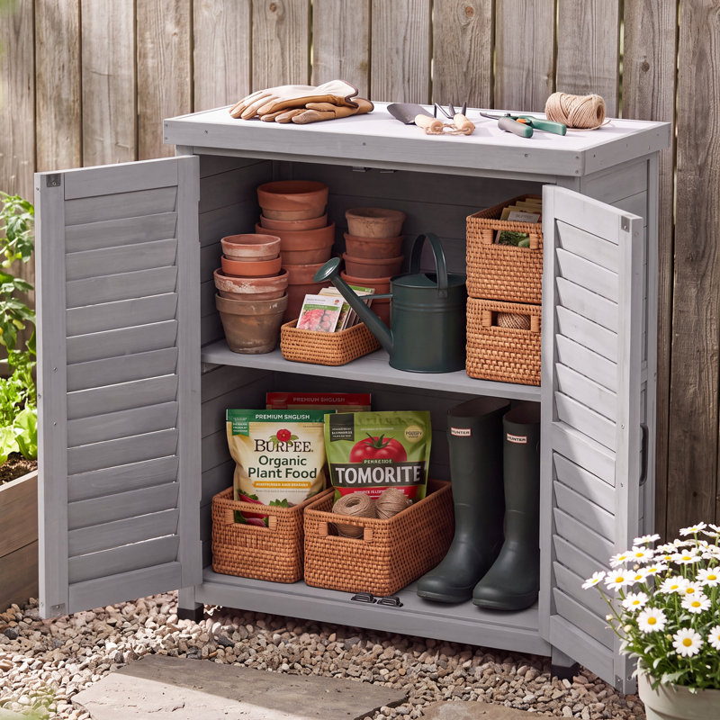 Banc d'extérieur en bois de cèdre avec armoire de rangement et plateau en métal, Gris accent