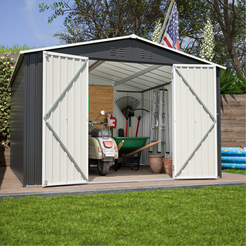 Remise extérieure en métal 10 pi x 10 pi avec portes verrouillables. Acier galvanisé. Ouvertures de ventilation et toit imperméable. Noir Pour la pelouse, la cour arrière, la remise de patio. Portes, structure. Acier ventilé