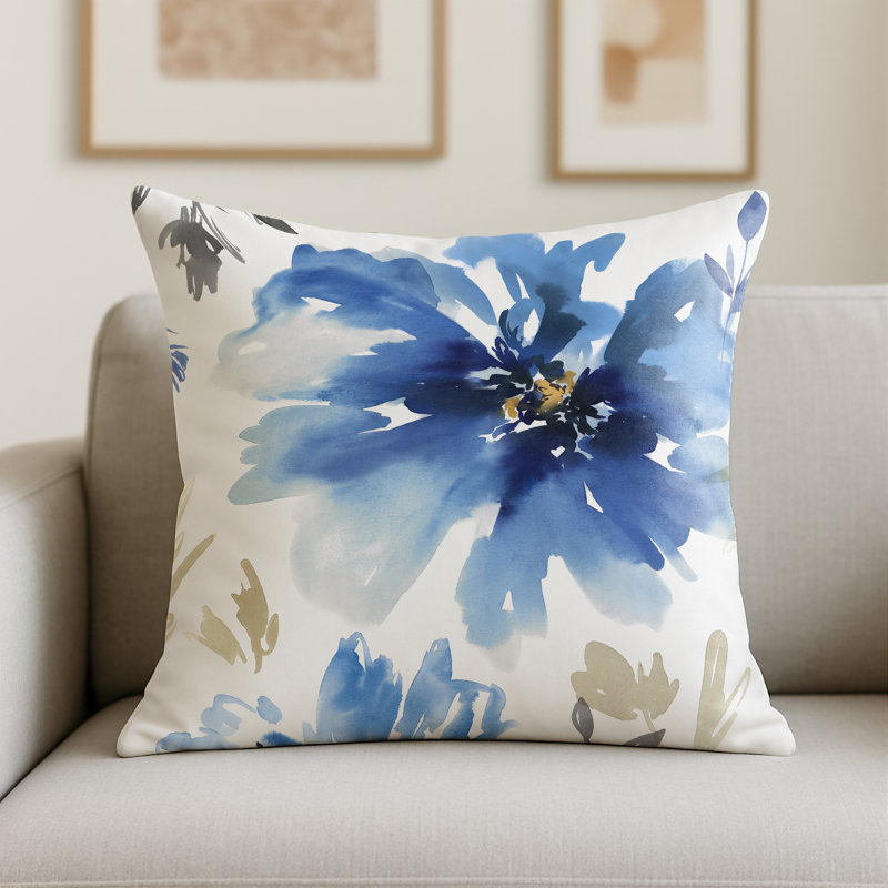 Floral Throw Pillow with Premium Polyester, White/Indigo, Square 20"H x 20"W