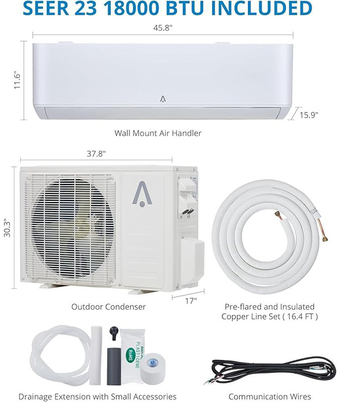 Mini pompe à chaleur à courant alternatif 18 000 BTU WiFi, 23 SEER2, climatiseur inverseur 230 V, compatible avec Alexa, refroidit 1000 pieds carrés