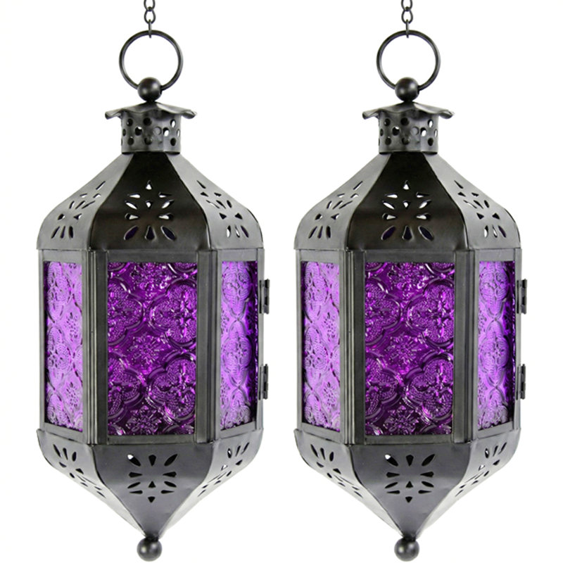 Hanging Moroccan Decorative Candle Lantern with Chain for Outdoor Patio or Porch (Set of 2), Small, Purple