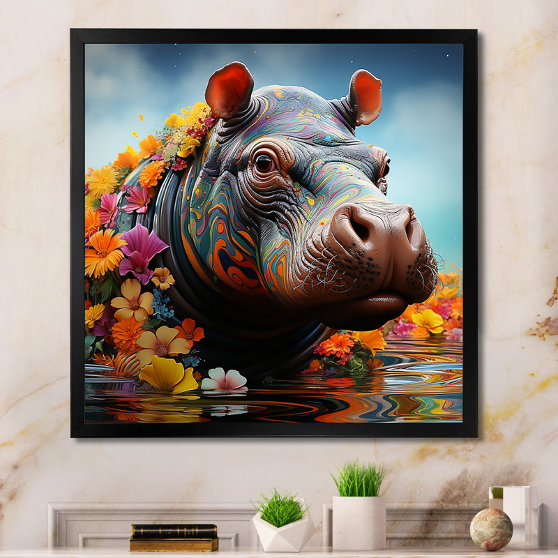 Art floral hippopotame mystique 1 - Hippopotame, Cadre flottant noir, H 16 po x l 16 po x P 1 po
