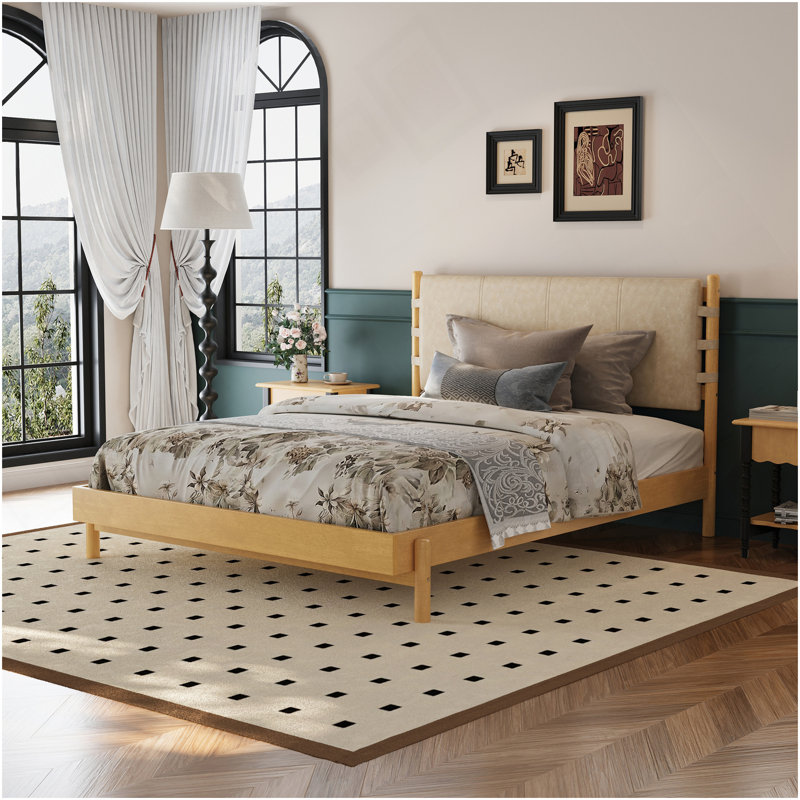 Cadre de lit plateforme en bois d'hévéa de qualité supérieure, cadre de lit grand avec tête de lit inclus, lit Mid-Century moderne de couleur beige