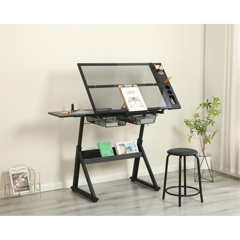 Table de dessin et d'impression en verre trempé réglable à la manivelle avec chaise et espace de rangement pour le salon, le bureau, la chambre à coucher