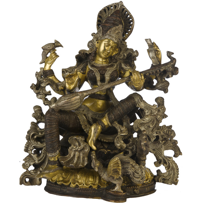 Figurine Saraswati à quatre bras jouant Veena, Brun