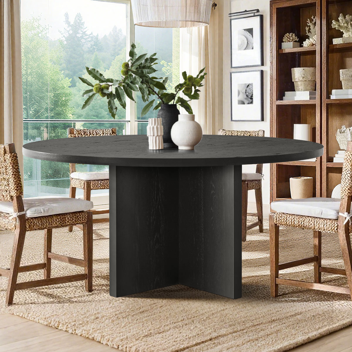 Orren Ellis 60 Inch White Oak Veneer Round Pedestal Dining Table ...