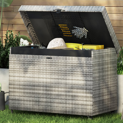 Wicker Deck Box With Wheels, All-Weather Outdoor Storage Box, Rattan Storage Bin For Patio Furniture, Outdoor Cushions, Pool Storage And Garden Tools