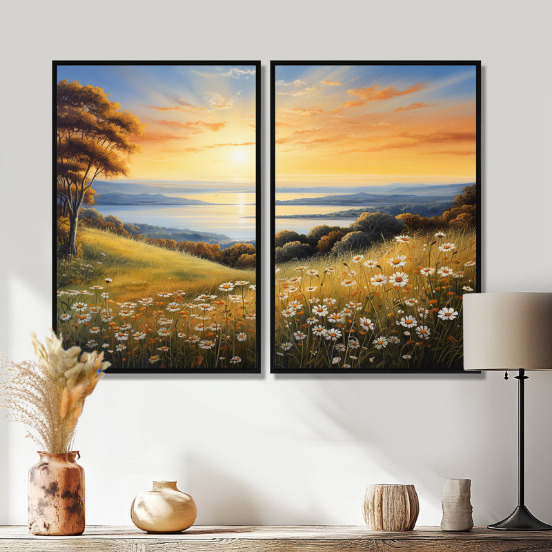 Fleurs blanches et vertes, horizon doré, toile jaune, 2 panneaux, 36" H x 48" W, Impression encadrée flottante, Black