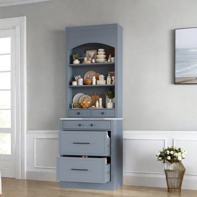 Garde-manger moderne avec plateau en faux marbre, 5 tiroirs et une tablette réglable