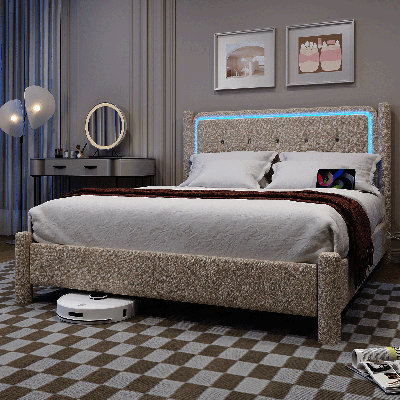 Cadre de lit simple avec lumière DEL, cadre de lit plateforme tapissier avec station de charge, tête de lit tapissier à oreilles moderne, assemblage facile