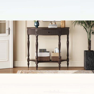 Console demi-lune en bois massif avec tiroir et tablette, table d'entrée incurvée cannelée rétro pour espaces étroits
