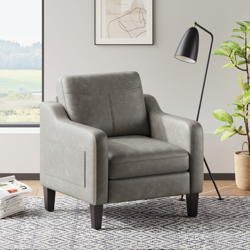 Mid-Century Accent Chair, Solid Wood Frame, Removable Cushions, Living Room Armchair, Grey, Faux Leather