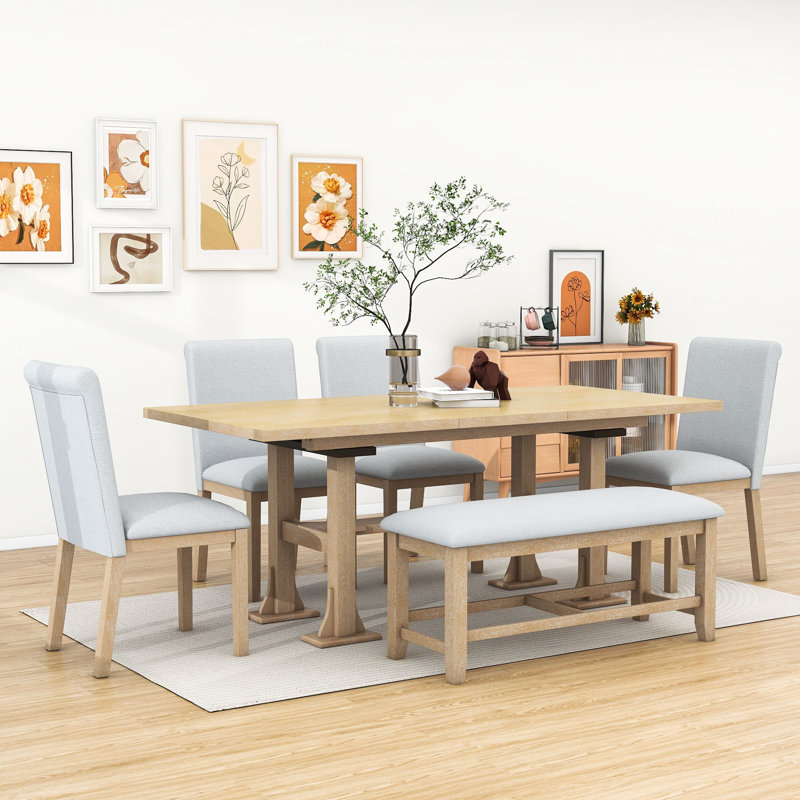 Ensemble de table de salle à manger extensible 6 pièces avec rallonge, chaise et banc Charmant, Naturel, Gris clair