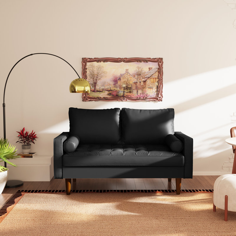 58" Faux Leather Square Arm Loveseat, Black Faux Leather