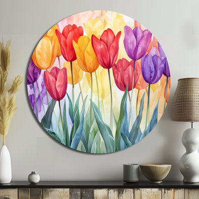 Tulipe rouge jaune prairie - art mural rond botanique, art mural rond en métal rouge