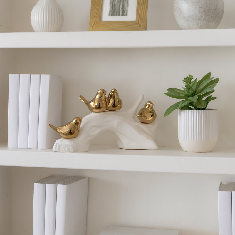 Figurine de décoration de cuisine et de décoration intérieure - Statue d'oiseau en porcelaine avec base blanche et décorations pour le salon - Objets décoratifs pour tablette, manteau de cheminée ou table - 14 po, blanc et or