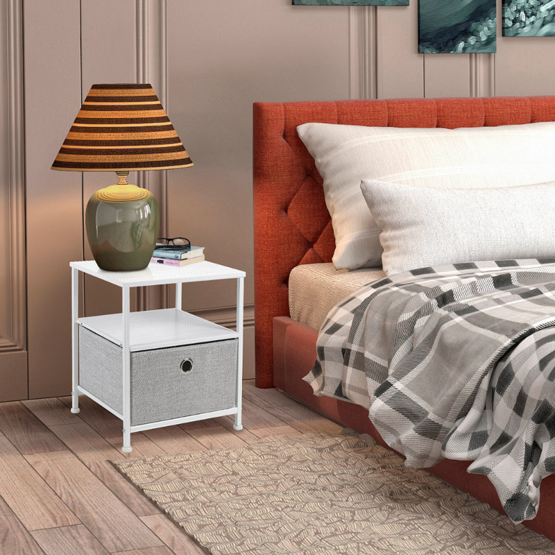 White Metal and Fabric 1-Drawer End Table with Shelves
