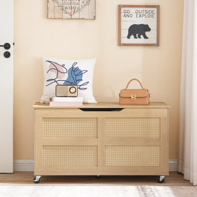  39.4'' W Blanket Storage Bench  On Wheels With Rattan