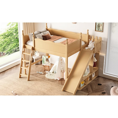 Lit mezzanine double naturel avec glissade amovible, échelles et rangement, structure en bois massif avec tablettes de rangement, garde-robe coulissante amovible, fabriqué en pin de haute qualité