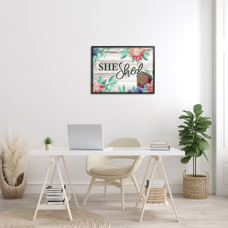 She Shed Typographie - Art textuel sur toile, H 24 po x l 30 po x 1,5 po, Giclée encadrée noir minuit