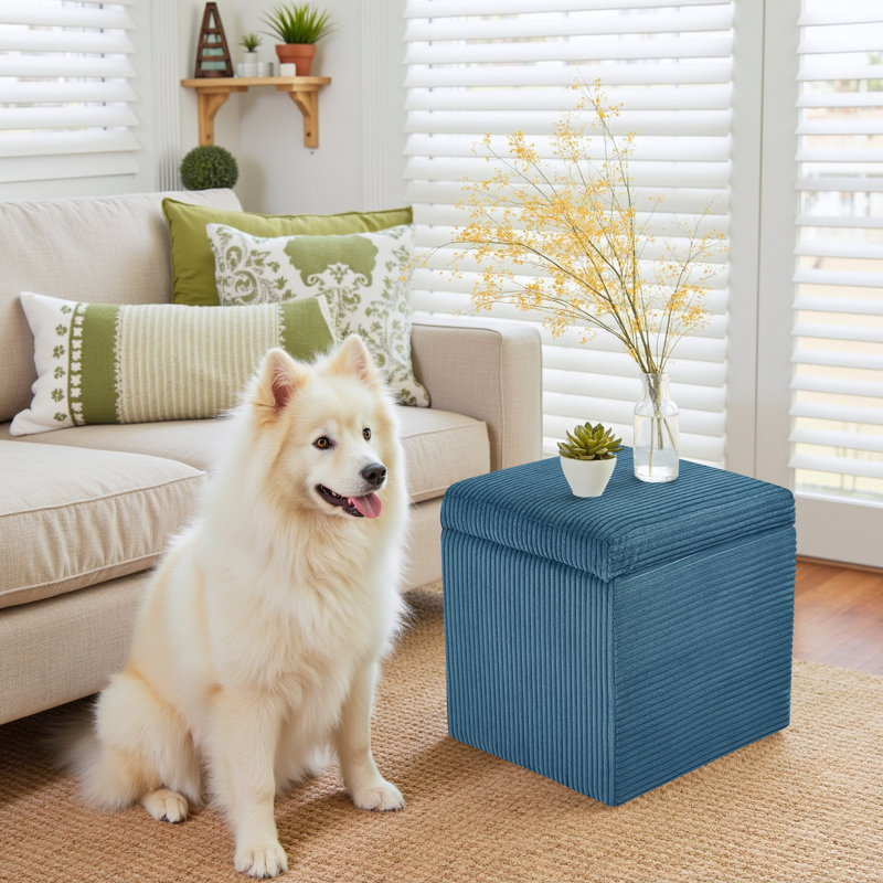 16.5" Corduroy Storage Ottoman With Flip-Top Lid, Upholstered Small Bench For Entryway, Bedroom, Or Living Room, Blue