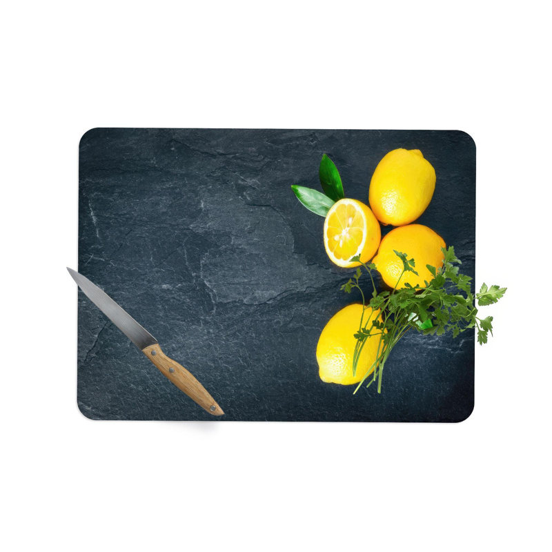 Planche à découper moderne en verre jaune avec un motif de citron brillant, idéal pour servir, 11 po x 15 po
