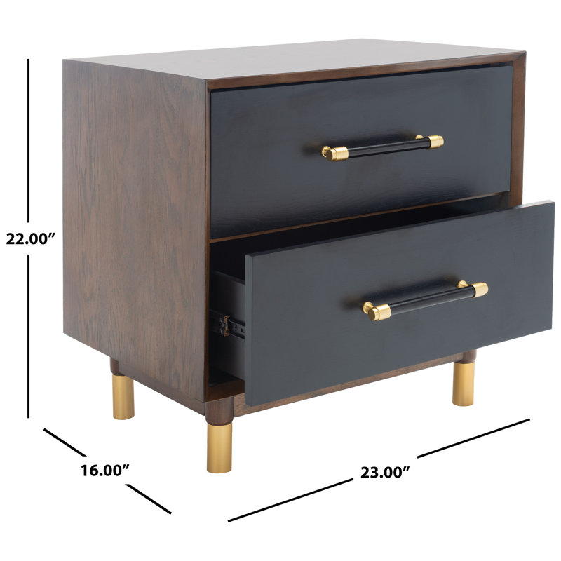 Justice Walnut & Black 2 Drawer Nightstand with Brass Accents