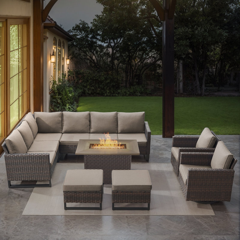 Ingvald 8- Person Outdoor PE Wicker Patio Conversation Set with Fire Pit, Ottomans and Cushions, Gray, Brown