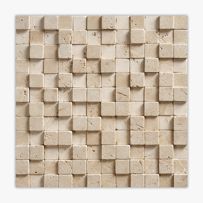 Ivory Tumbled 1x1 3-D Travertine Mosaic, Beige