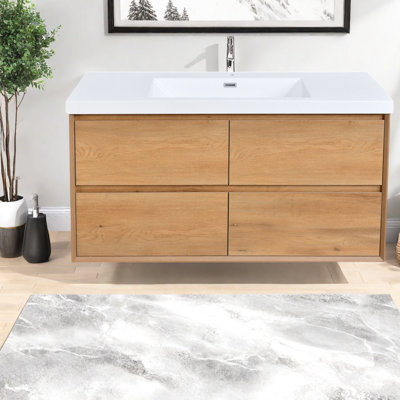 Space-saving Golden Oak Vanity Cabinet With Solid Wood And Resin Sink