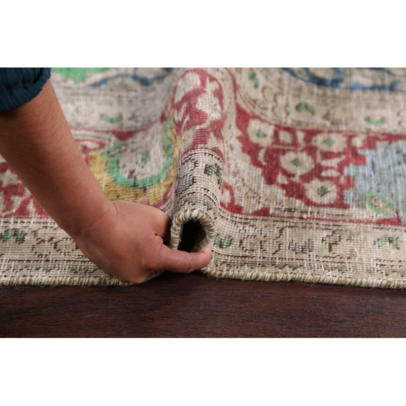 Tapis vert en laine noué à la main de conception unique de style années 1940 6 pi 4 po x 9 pi 8 po Napoles