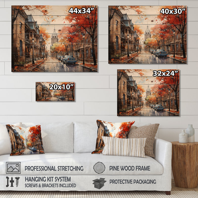 Tussilage - Décoration murale en bois paysage urbain sur bois de pin naturel, H 24 po x l 32 po