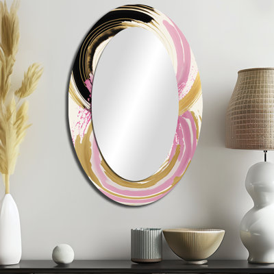 Rose et courbes dorées IV - Miroir décoratif ovale abstrait sur métal