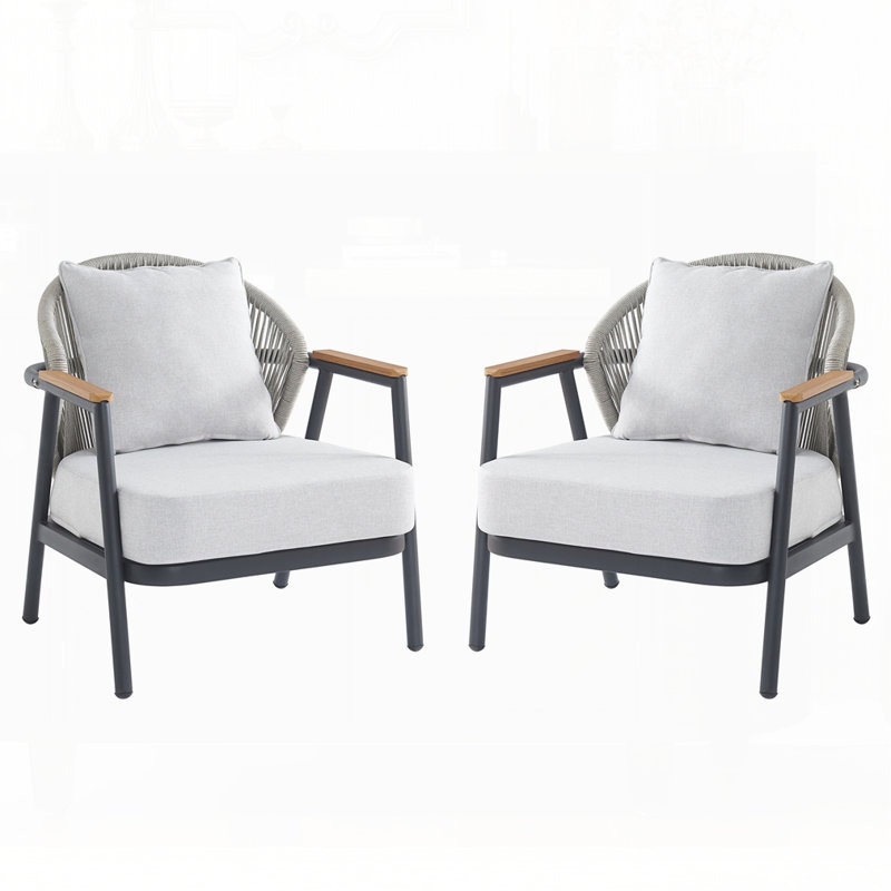 Ensemble de 2 fauteuils d'extérieur en corde avec coussin, Gris, Noir