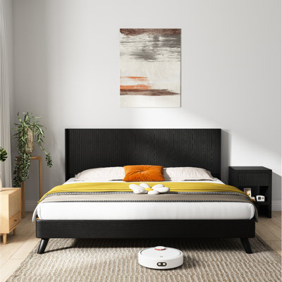 Tête de lit en bois de 80,2 po de largeur pour lit très grand - Esthétique moderne, panneau mural cannelé, tête de lit à oreilles, aspect chêne noir, sensation réelle élégante, art contemporain 3D, confortable et élégant,