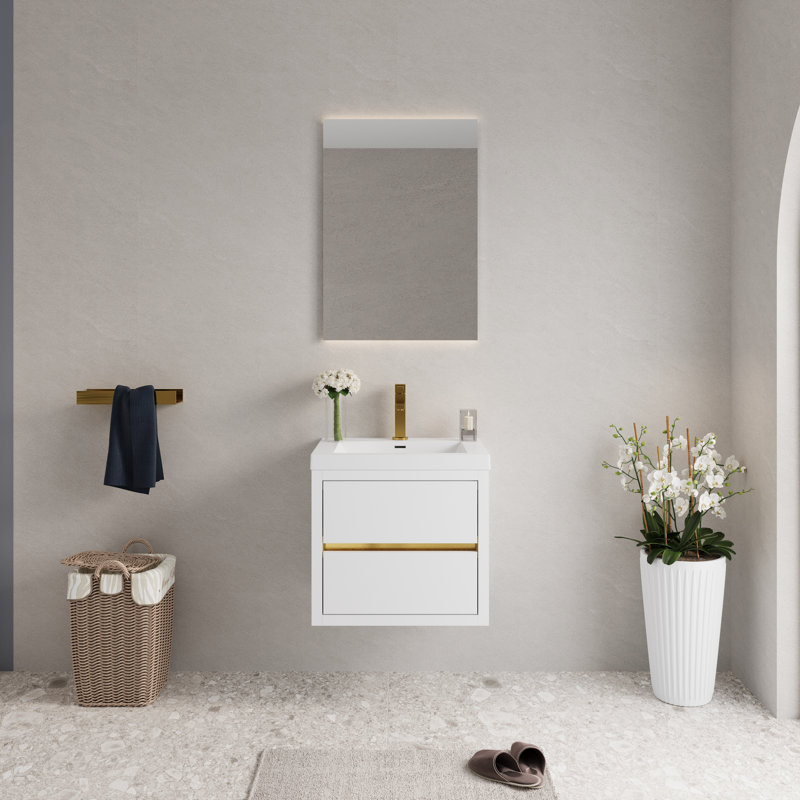 Ensemble de meuble-lavabo mural 24 po 1 pièce en bois blanc à fermeture en douceur, entièrement assemblé