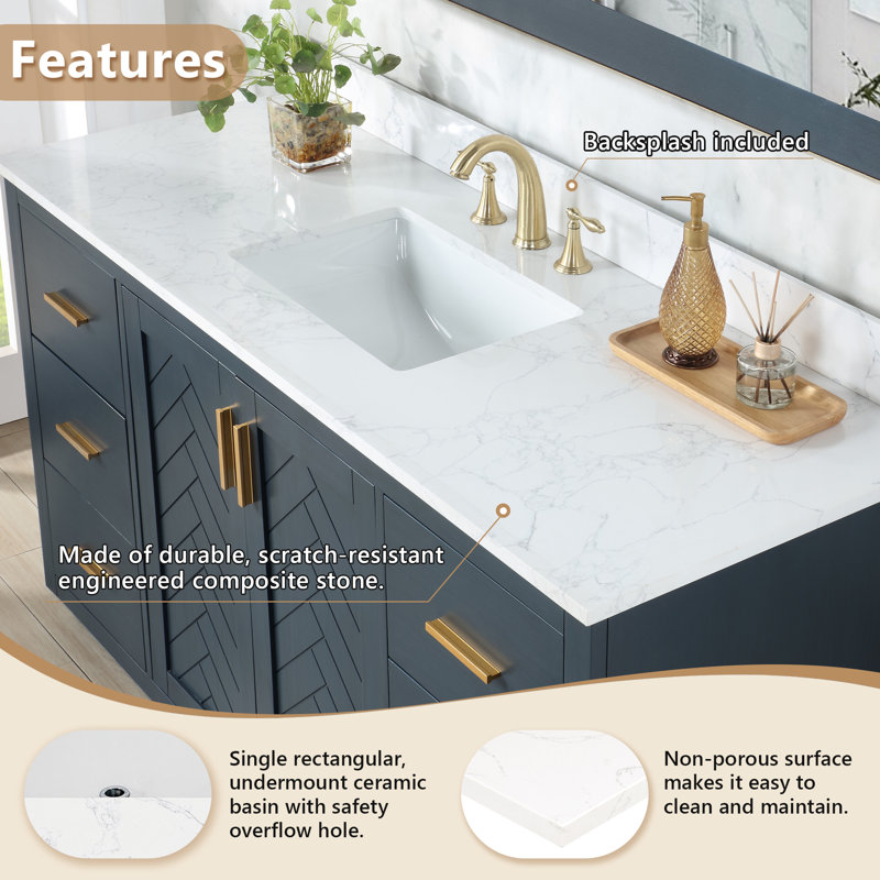 Ceres 61" White Engineered Stone Vanity Top with Sink