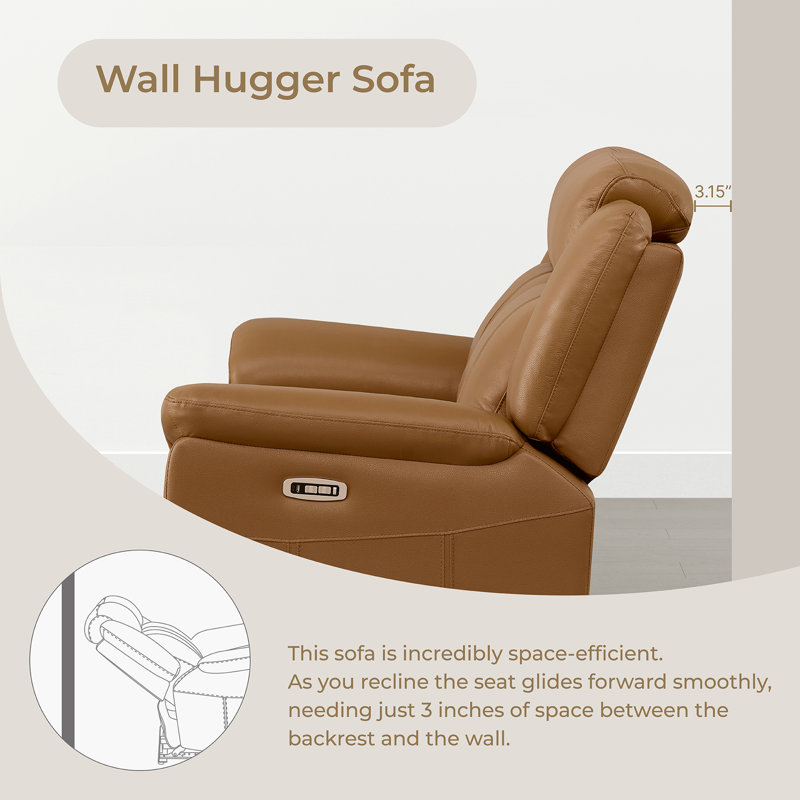 2-Seat Dual Motor zero clearence recliner Genuine Leather Power Recliner Sofa With Power Headrest, Saddle