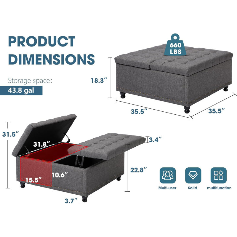 35.5" Square Ottoman Coffee Table with Large Storage, Gray