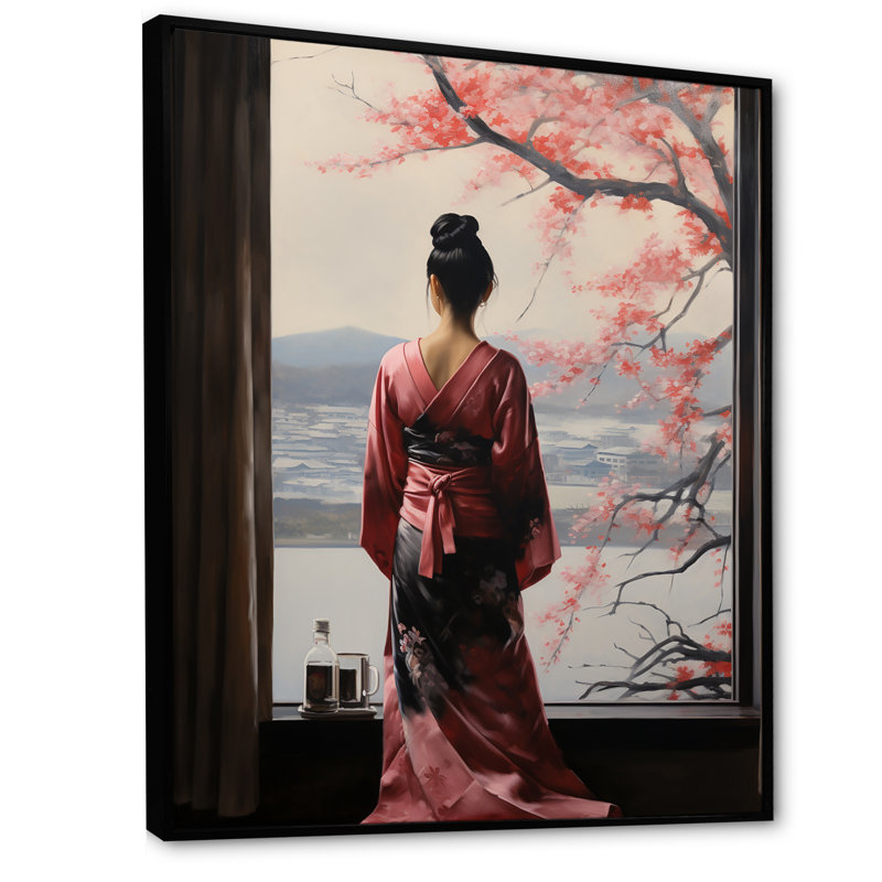 Arbre rose, femme japonaise vue de fenêtre I - Japon, art mural, Cadre flottant noir, H 20 po x l 12 po x P 1 po