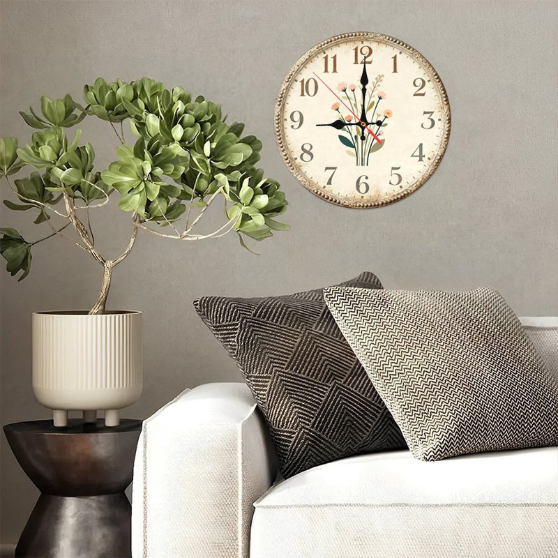 Horloge murale ronde en bois 10 po, mouvement à quartz silencieux, imprimé UV, à piles, Fleur rose
