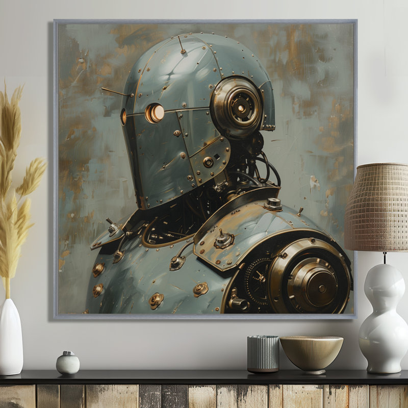 Décoration murale blanche et grise majestueuse Robot I - Robots, Encadrement argenté, H 36 po x l 36 po