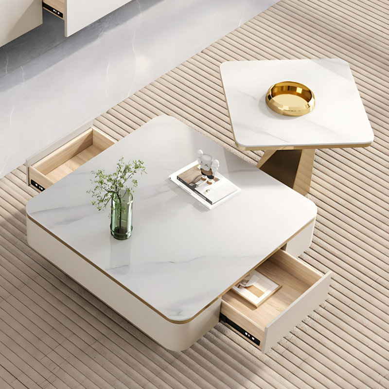 Luxury No Assembly Needed 2-Piece Coffee Table Set with Gold Base Storage Drawer Cofee Table for Living Room