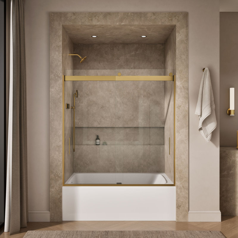 Levity 59.62" x 62" Bypass Bath Door with CleanCoat® Technology, Clear, Moderne Brass