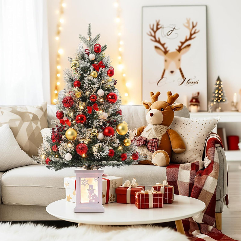 Arbre de Noël illuminé 3 pi avec 78 lumières DEL, arbre artificiel avec flocons de neige et baies rouges, base en wapiti blanc pour la maison, le porche, le bureau, la décoration de fête