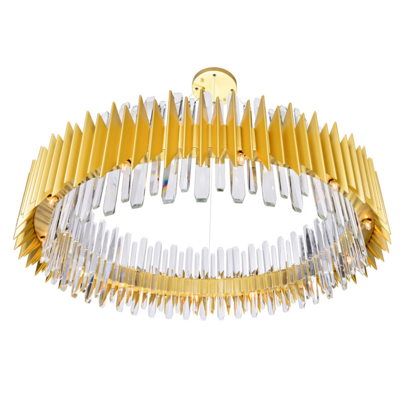 Satin Gold Chandelier for Living Room, 39" Round 24-Light Crystal Prism Chandelier with G9 Bulb Base – Modern Zigzag Metal Frame
