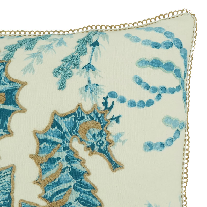 Aqua Cotton Sea Horse Square Throw Pillow