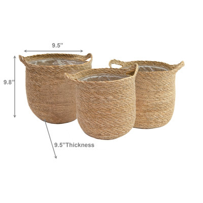 3Pc Round Seagrass Planter With Handle Natural