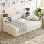 Lit simple en velours beige avec tiroirs de rangement et chargement USB-910995024
